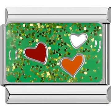 Three hearts design in red, orange, and white on a green, glittery background Italian charm bracelet link