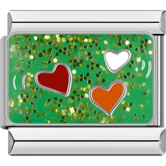 Three hearts design in red, orange, and white on a green, glittery background Italian charm bracelet link