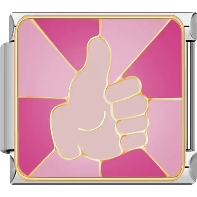 Pink thumbs up hand gesture with gold outline Italian charm bracelet link