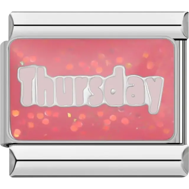 “Thursday” text on a shimmering pink Italian charm bracelet link