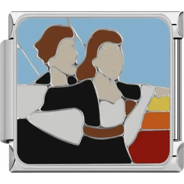 Stylized design of the iconic Titanic couple scene with sunset background Italian charm bracelet link