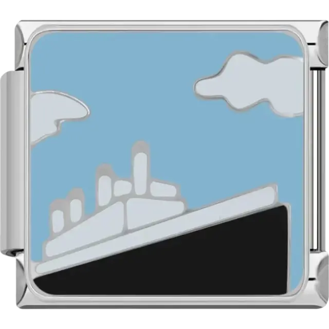 Blue charm featuring a silhouette of the Titanic ship with clouds in the sky Italian charm bracelet link