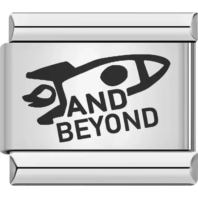 "AND BEYOND" text with rocket ship Italian charm bracelet link