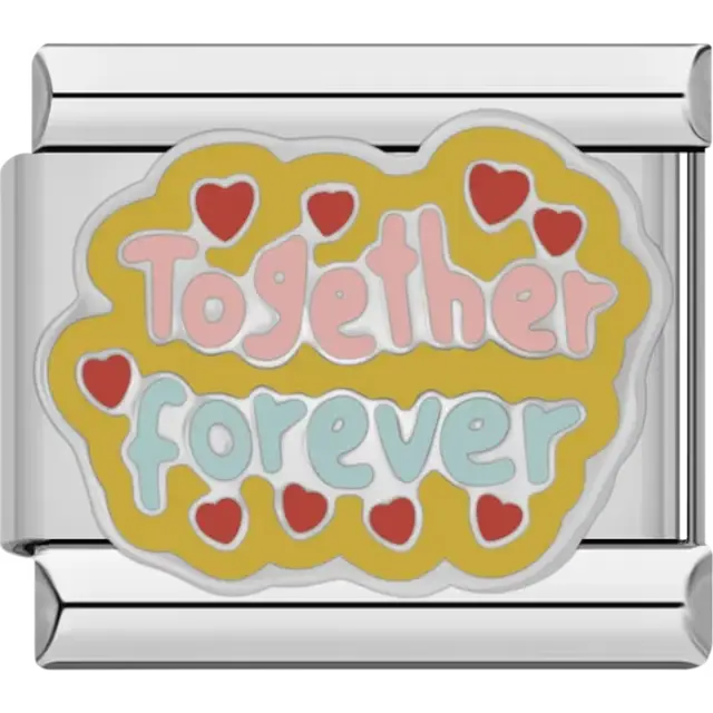 Yellow charm with "Together Forever" in pink and blue text surrounded by red hearts Italian charm bracelet link