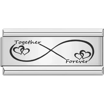 Black infinity symbol with interlocked hearts and text "Together Forever" Italian charm bracelet link