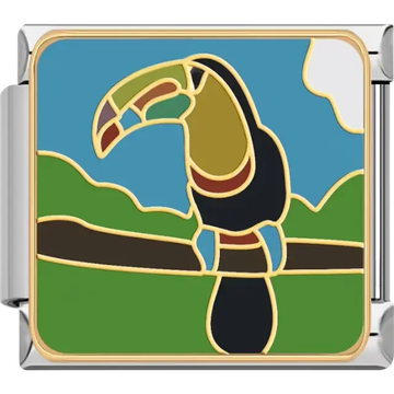 Toucan perched on a brown branch with green hills and blue sky Italian charm bracelet link