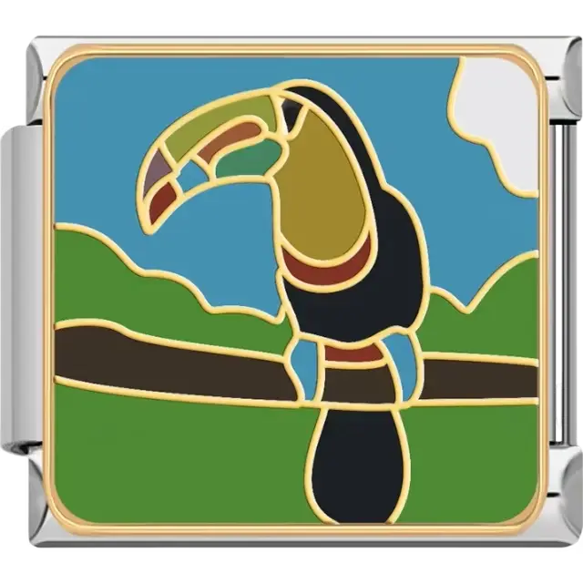 Toucan perched on a brown branch with green hills and blue sky Italian charm bracelet link
