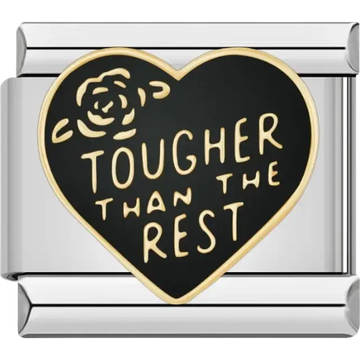 Black heart with “Tougher Than The Rest” text and rose Italian charm bracelet link