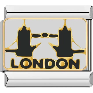 Gold and black Tower Bridge design with text "London" Italian charm bracelet link