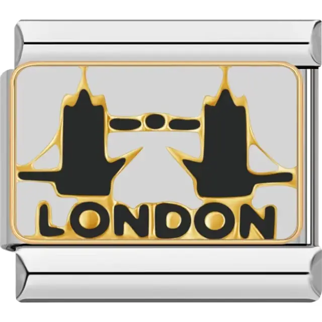 Gold and black Tower Bridge design with text "London" Italian charm bracelet link