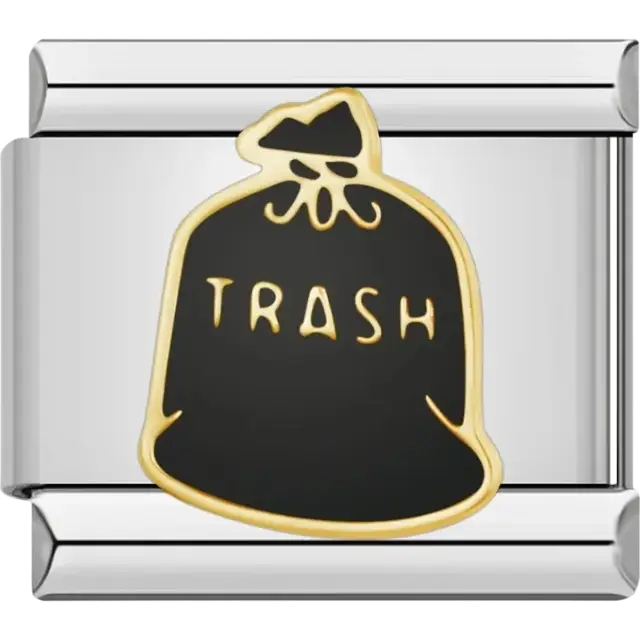 Black trash bag with “Trash” text Italian charm bracelet link