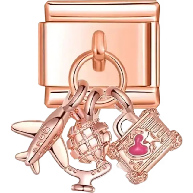 Dangle design featuring an airplane a globe and a suitcase with pink heart detail Italian charm bracelet link
