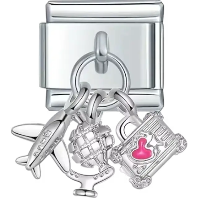 Dangle design featuring an airplane a globe and a suitcase with pink heart detail Italian charm bracelet link