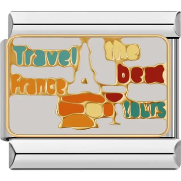 Gold Eiffel Tower with colorful text reading "Travel The Best France Tours" Italian charm bracelet link