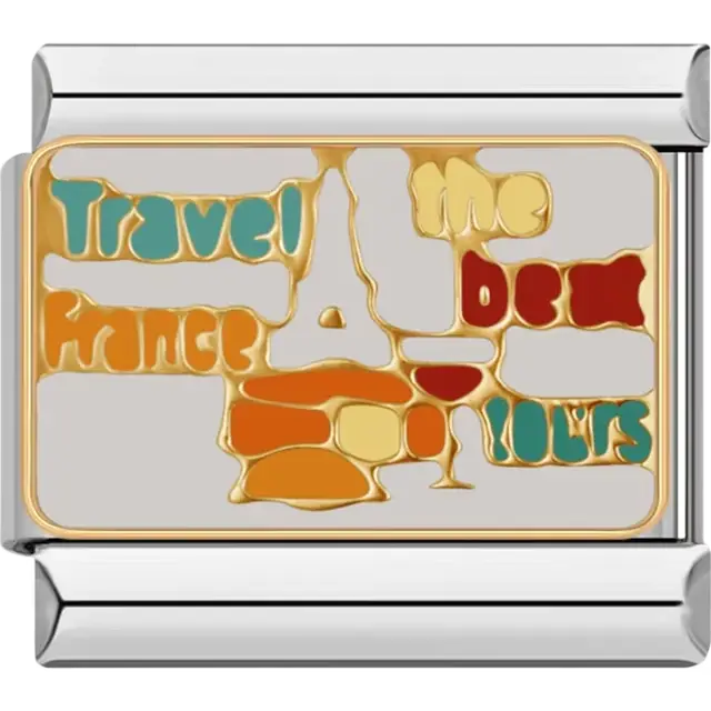 Gold Eiffel Tower with colorful text reading "Travel The Best France Tours" Italian charm bracelet link