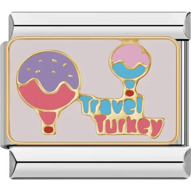 Gold hot air balloons in pink purple and blue with text reading "Travel Turkey" on a beige background Italian charm bracelet link