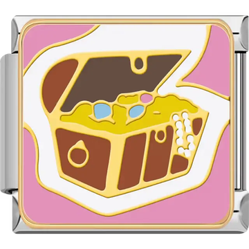 Brown treasure chest open gold coins jewels pearls pink background Italian charm bracelet link