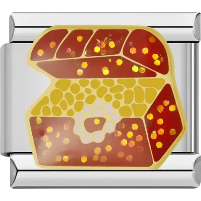 Gold-outlined open treasure chest filled with glittery gold and orange details Italian charm bracelet link