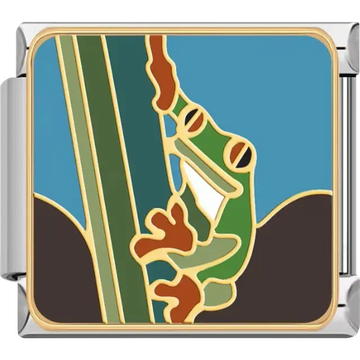 Green and brown tree frog climbing a green stem with blue and brown background Italian charm bracelet link