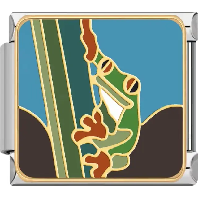 Green and brown tree frog climbing a green stem with blue and brown background Italian charm bracelet link