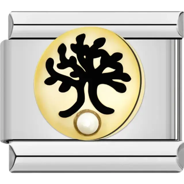 Black tree of life design on a gold-plated round charm with a pearl accent on an Italian charm bracelet link