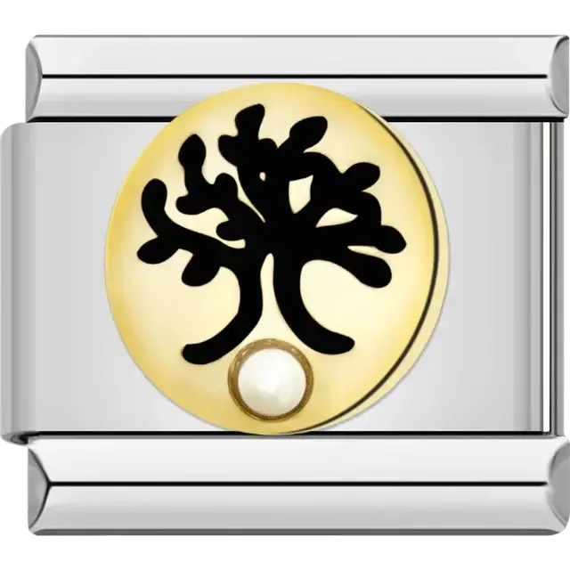 Black tree of life design on a gold-plated round charm with a pearl accent on an Italian charm bracelet link