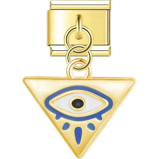 Gold dangling triangle featuring a blue and white evil eye design Italian charm bracelet link