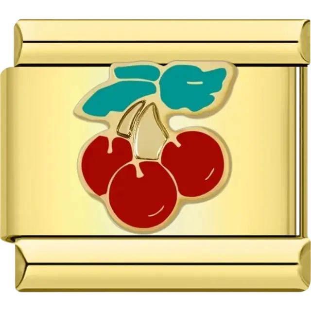 Three red cherries with teal leaves on a gold-plated Italian charm bracelet link