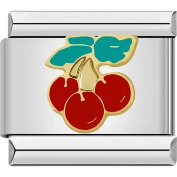 Three red cherries with teal leaves on a gold-plated Italian charm bracelet link