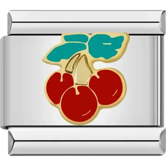 Three red cherries with teal leaves on a gold-plated Italian charm bracelet link