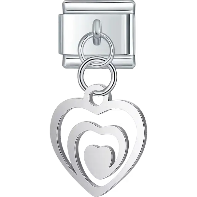 Three nested hearts dangle Italian charm bracelet link