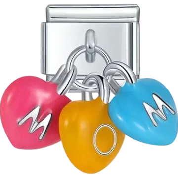 Pink, yellow, and blue heart pendants with "M O M" lettering Italian charm bracelet link