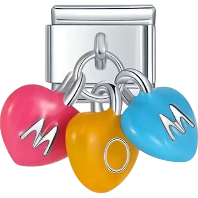 Pink, yellow, and blue heart pendants with "M O M" lettering Italian charm bracelet link