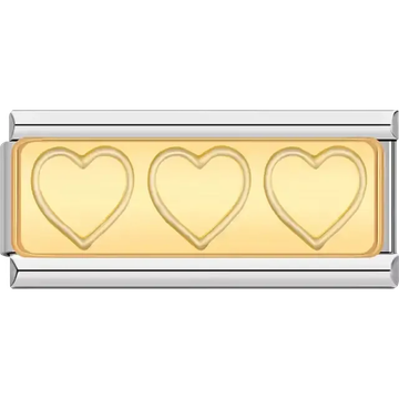 Gold with three engraved heart outlines Italian charm bracelet link