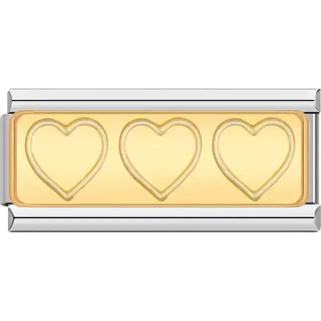 Gold with three engraved heart outlines Italian charm bracelet link