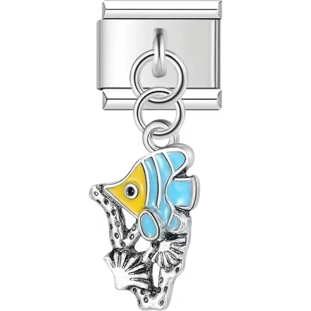 Blue and yellow tropical fish pendant with coral details Italian charm bracelet link