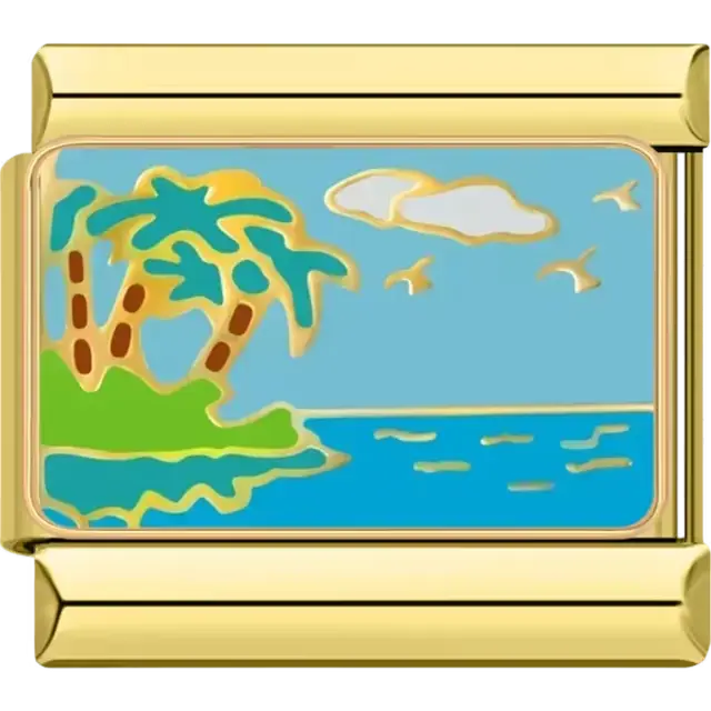 Palm trees and ocean with seagulls design on a gold-plated Italian charm bracelet link