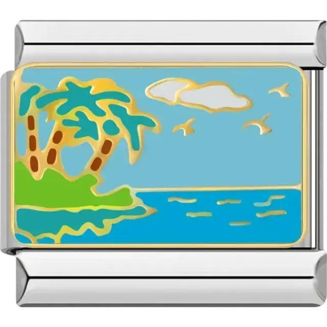 Palm trees and ocean with seagulls design on a gold-plated Italian charm bracelet link