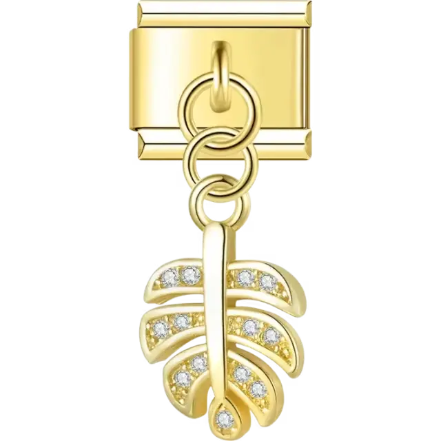 Tropical leaf dangle charm with clear crystal accents Italian charm bracelet link