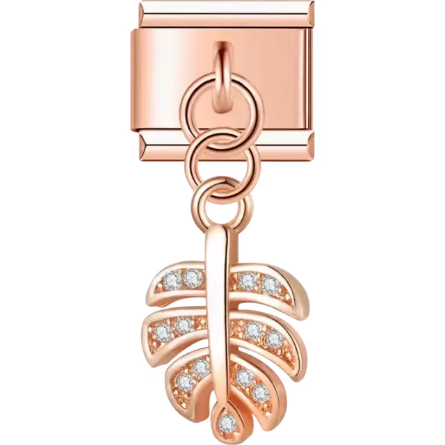 Tropical leaf dangle charm with clear crystal accents Italian charm bracelet link