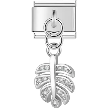 Tropical leaf dangle charm with clear crystal accents Italian charm bracelet link