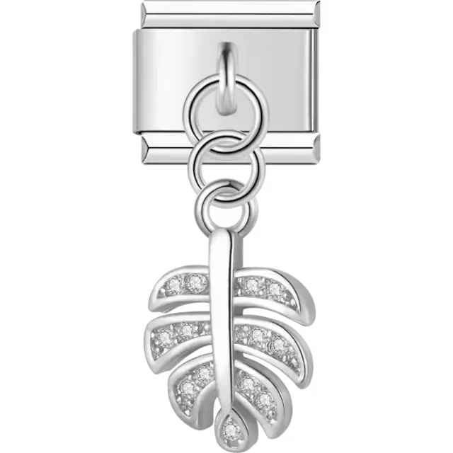Tropical leaf dangle charm with clear crystal accents Italian charm bracelet link