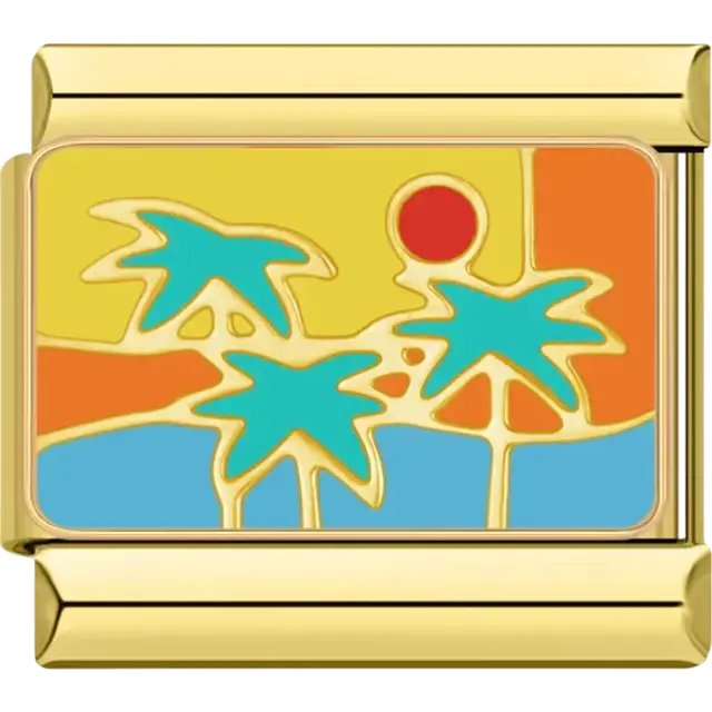 Turquoise palm trees with a red sun on a colorful background Italian charm bracelet link