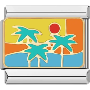 Turquoise palm trees with a red sun on a colorful background Italian charm bracelet link