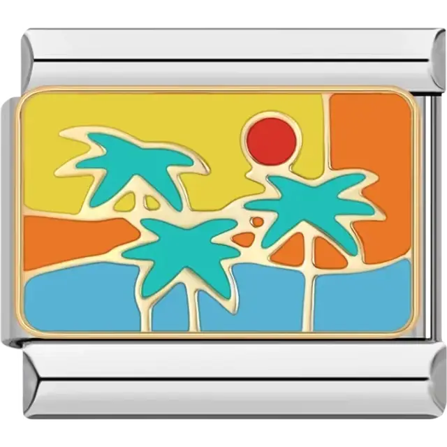 Turquoise palm trees with a red sun on a colorful background Italian charm bracelet link