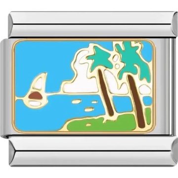 Sailboat with palm trees and ocean view Italian charm bracelet link