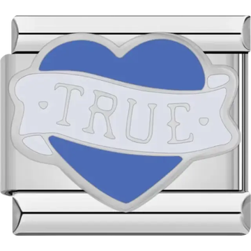 Blue heart with a white banner that reads "TRUE" Italian charm bracelet link