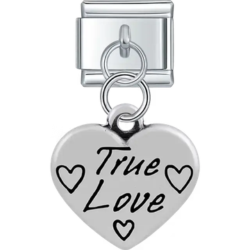 Heart with "True Love" text heart symbols dangle Italian charm bracelet link