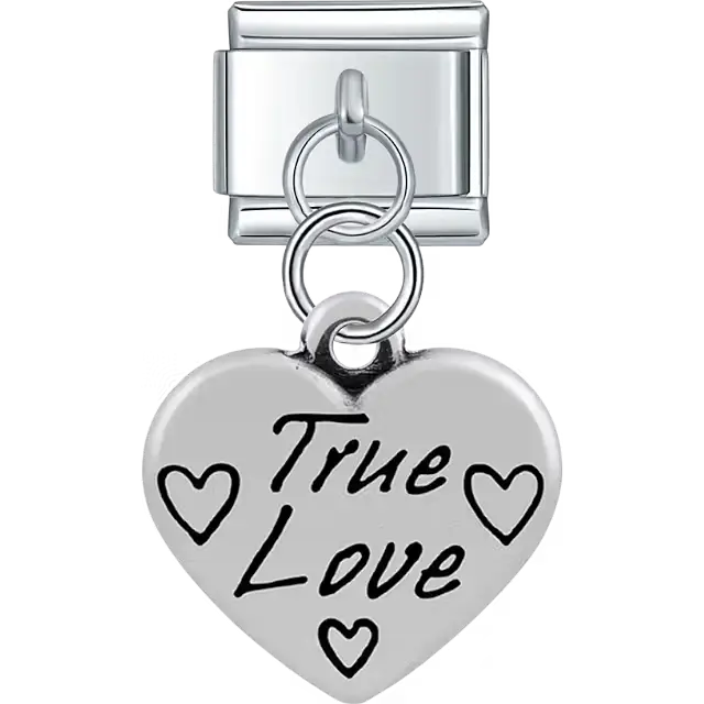 Heart with "True Love" text heart symbols dangle Italian charm bracelet link