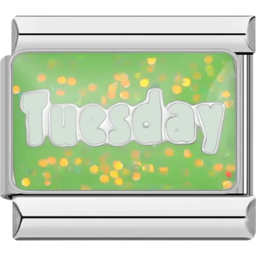 “Tuesday” text on a shimmering green Italian charm bracelet link